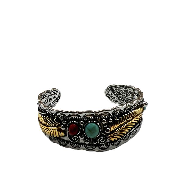 NEW Silver Gold Accents Faux Turquoise Stone Red Stone Boho Bracelet - Picture 8 of 11